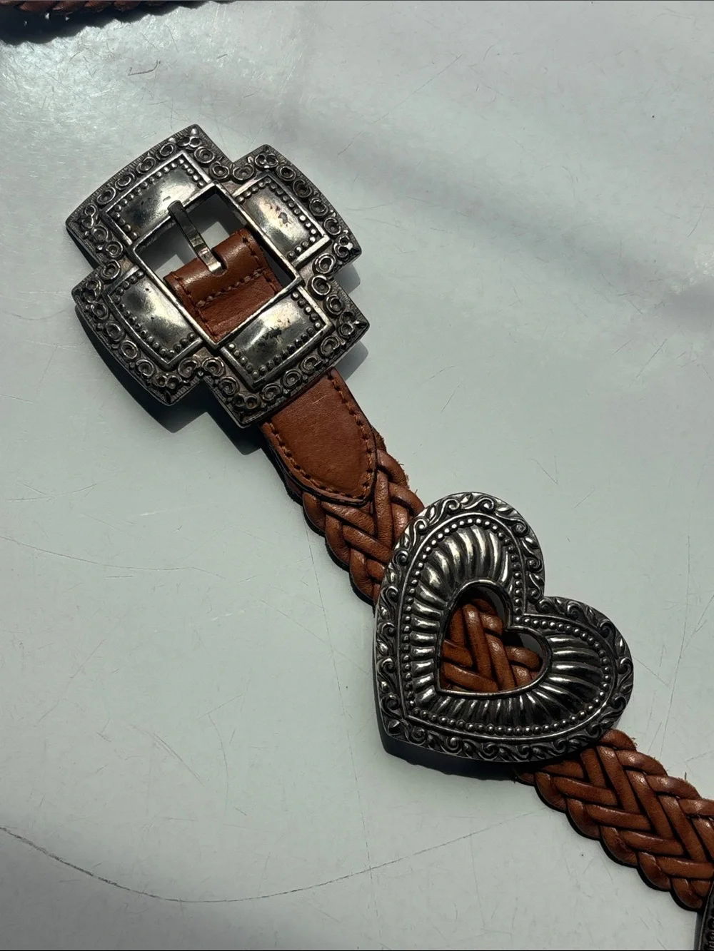 VTG 1994 Brighton Tan Braided Leather Belt with Silver Heart + Cross Conchos